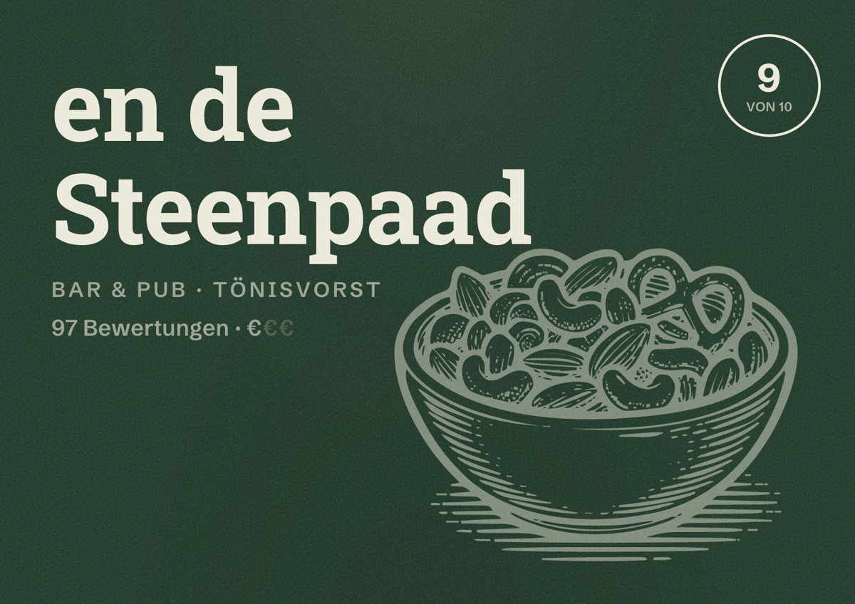 Illustriertes Poster von en de Steenpaad, Bar & Pub in Tönisvorst: Bewertung 9 von 10 aus 97 Bewertungen, Preisniveau €