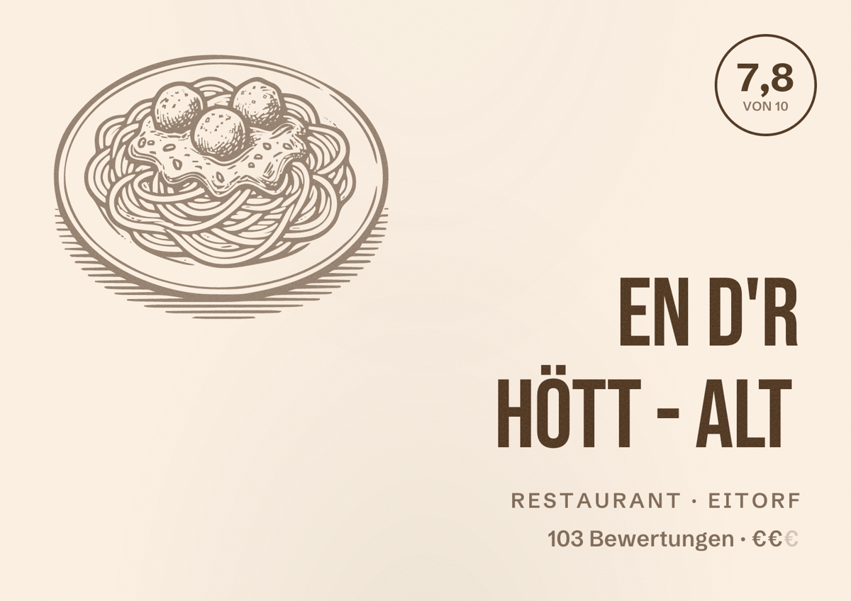 Illustriertes Poster von En d'r Hött - Alt, Restaurant in Eitorf: Bewertung 7,8 von 10 aus 103 Bewertungen, Preisniveau €€