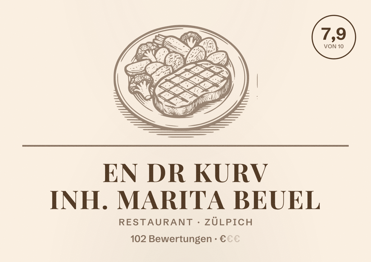 Illustriertes Poster von En dr Kurv Inh. Marita Beuel, Restaurant in Zülpich: Bewertung 7,9 von 10 aus 102 Bewertungen, Preisniveau €