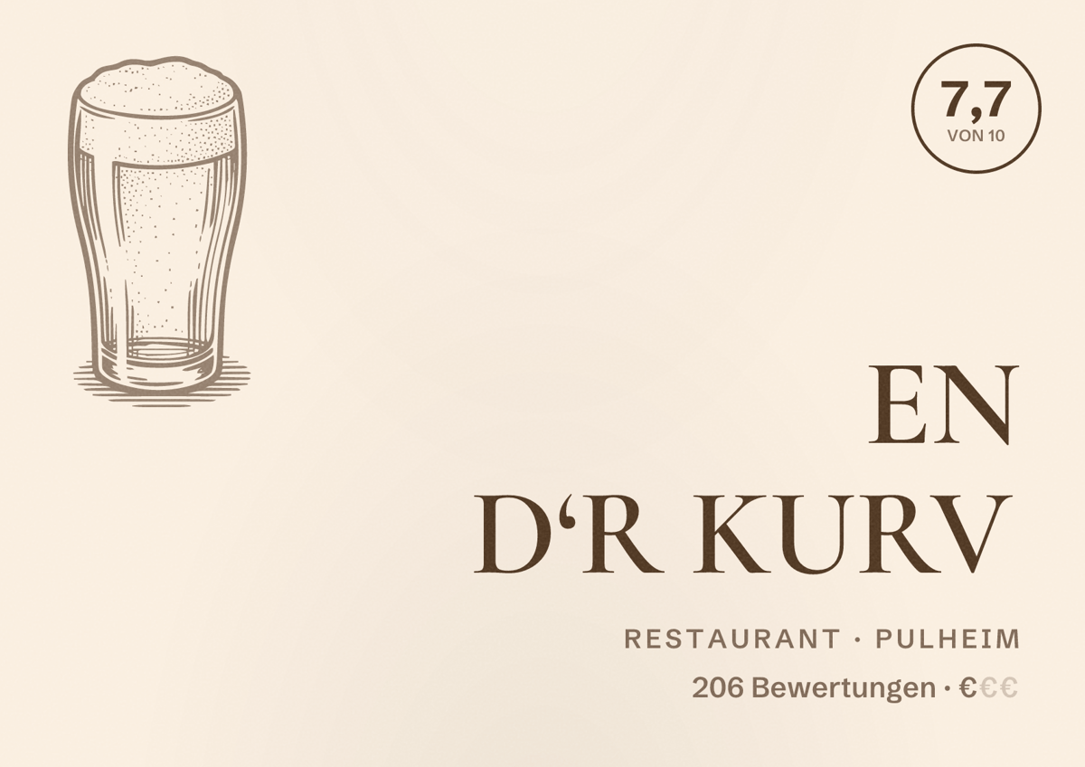 Illustriertes Poster von EN D‘R KURV, Restaurant in Pulheim: Bewertung 7,7 von 10 aus 206 Bewertungen, Preisniveau €