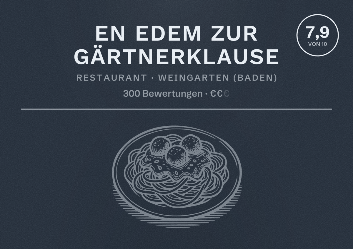 Illustriertes Poster von En Edem zur Gärtnerklause, Restaurant in Weingarten (Baden): Bewertung 7,9 von 10 aus 300 Bewertungen, Preisniveau €€