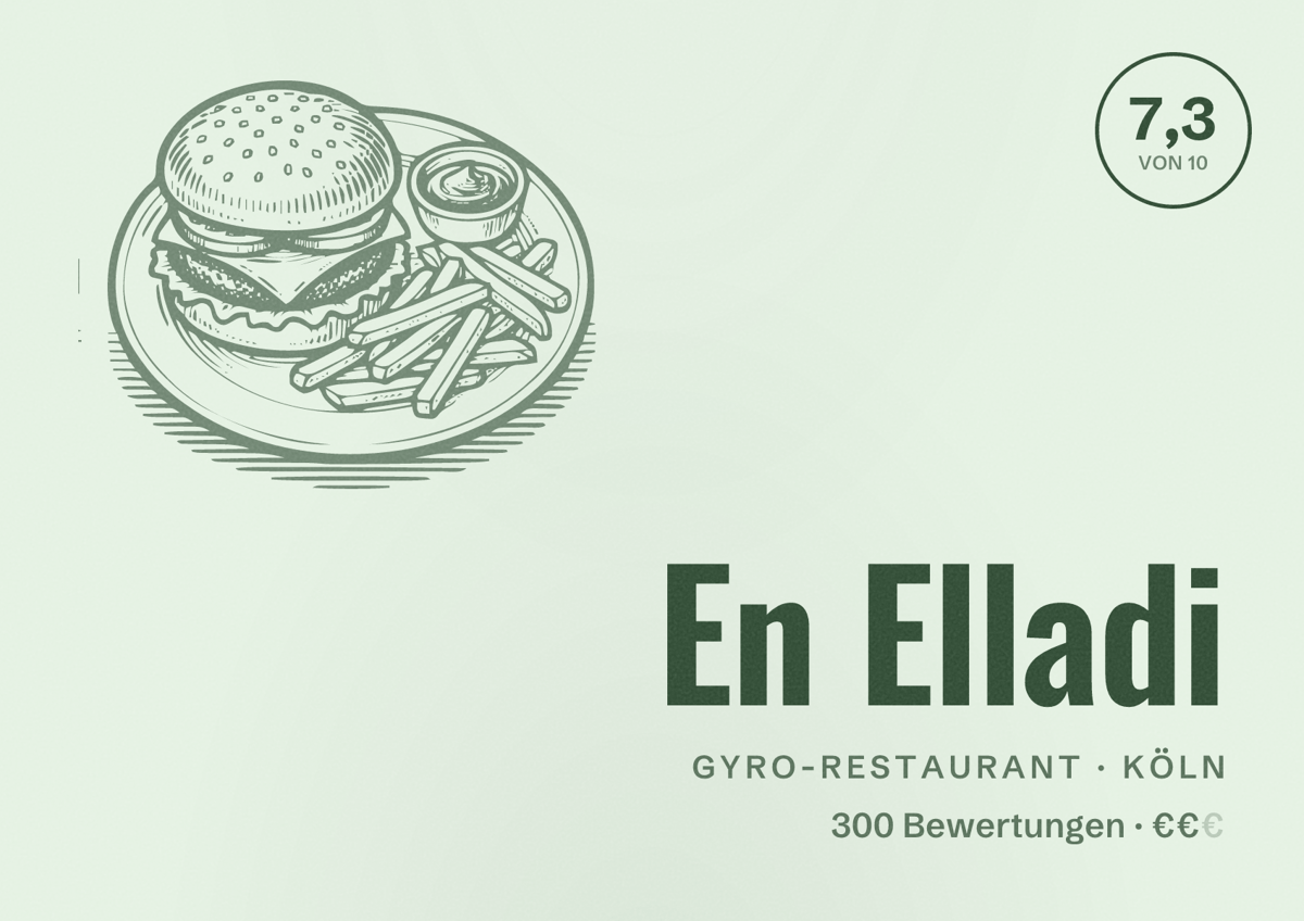 Illustriertes Poster von En Elladi, Gyro-Restaurant in Köln: Bewertung 7,3 von 10 aus 300 Bewertungen, Preisniveau €€