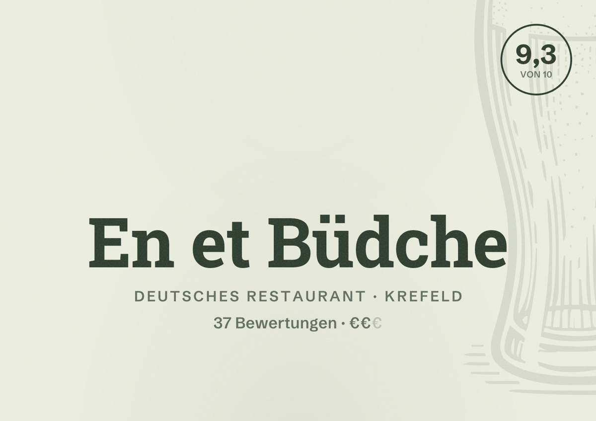 Illustriertes Poster von En et Büdche, Deutsches Restaurant in Krefeld: Bewertung 9,3 von 10 aus 37 Bewertungen, Preisniveau €€