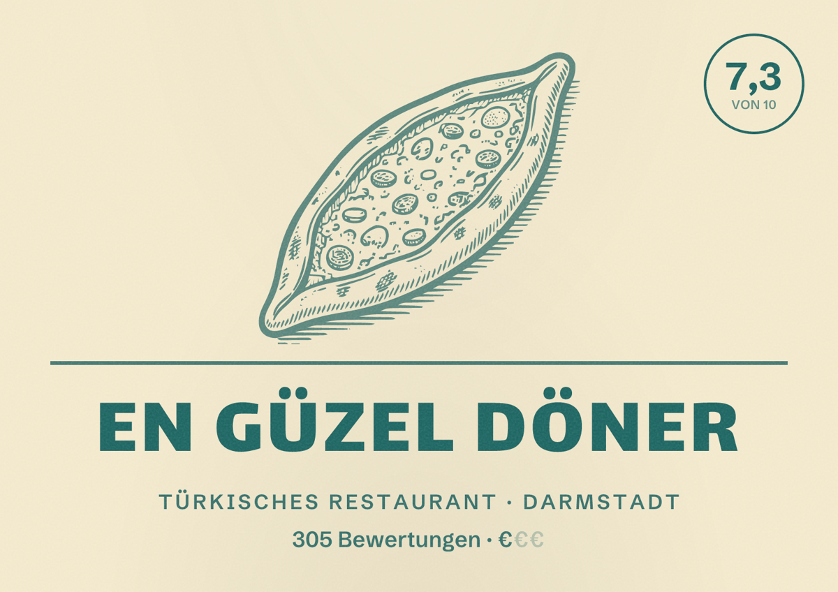 Illustriertes Poster von En Güzel Döner, Türkisches Restaurant in Darmstadt: Bewertung 7,3 von 10 aus 305 Bewertungen, Preisniveau €