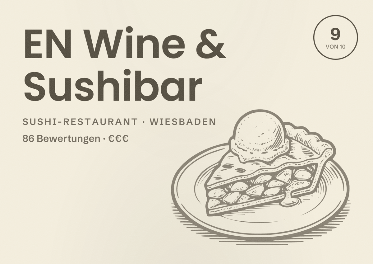 Illustriertes Poster von EN Wine & Sushibar, Sushi-Restaurant in Wiesbaden: Bewertung 9,0 von 10 aus 86 Bewertungen, Preisniveau €€€