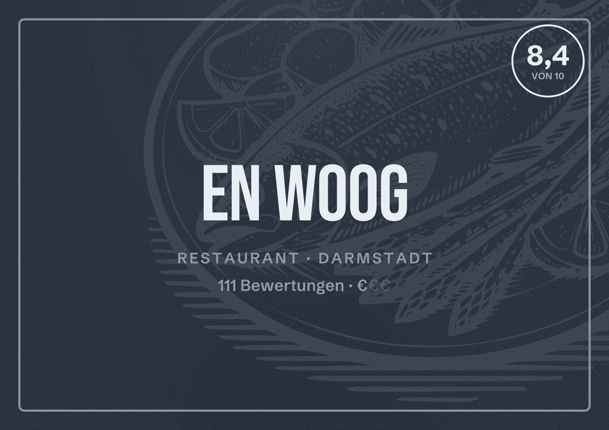 Illustriertes Poster von En Woog, Restaurant in Darmstadt: Bewertung 8,4 von 10 aus 111 Bewertungen, Preisniveau €