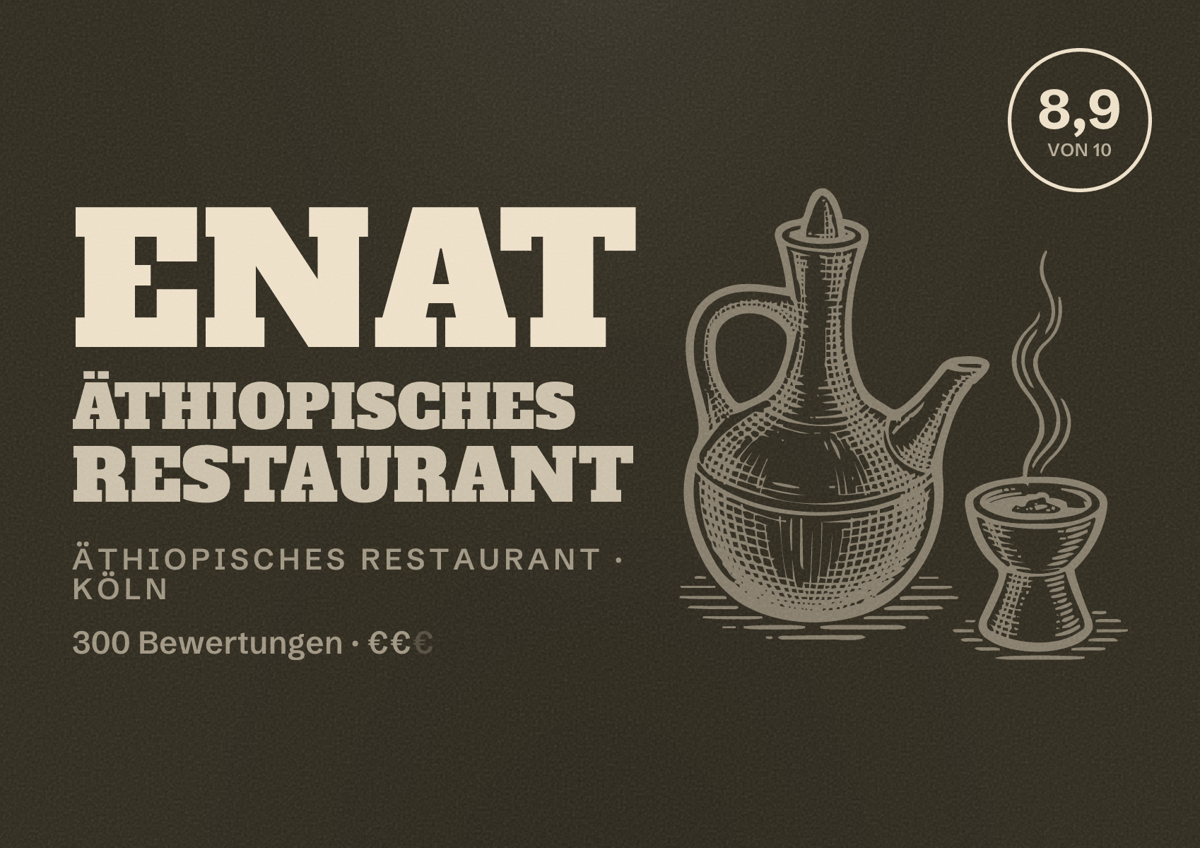 Illustriertes Poster von Enat Äthiopisches Restaurant, Äthiopisches Restaurant in Köln: Bewertung 8,9 von 10 aus 300 Bewertungen, Preisniveau €€