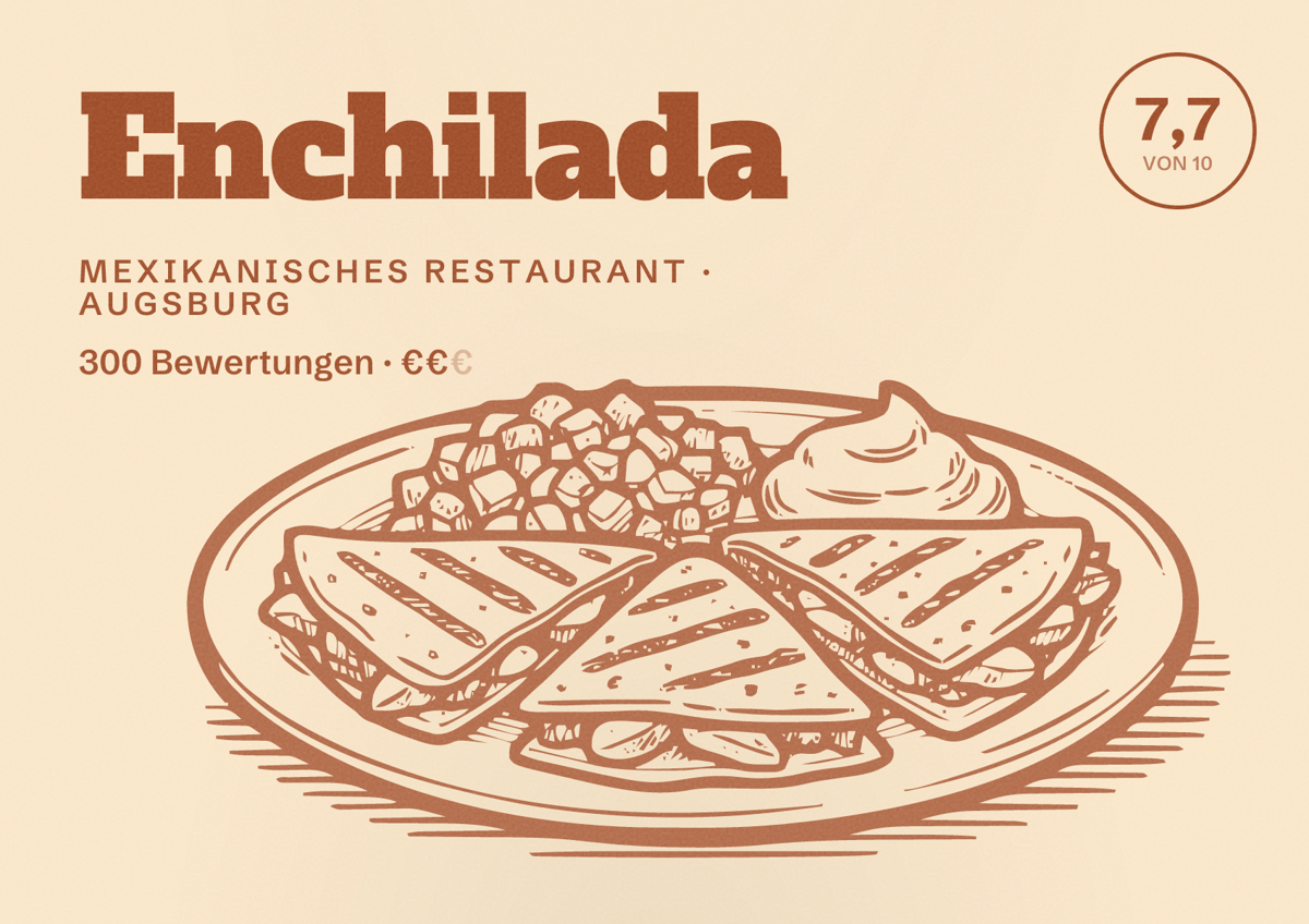 Illustriertes Poster von Enchilada, Mexikanisches Restaurant in Augsburg: Bewertung 7,7 von 10 aus 300 Bewertungen, Preisniveau €€