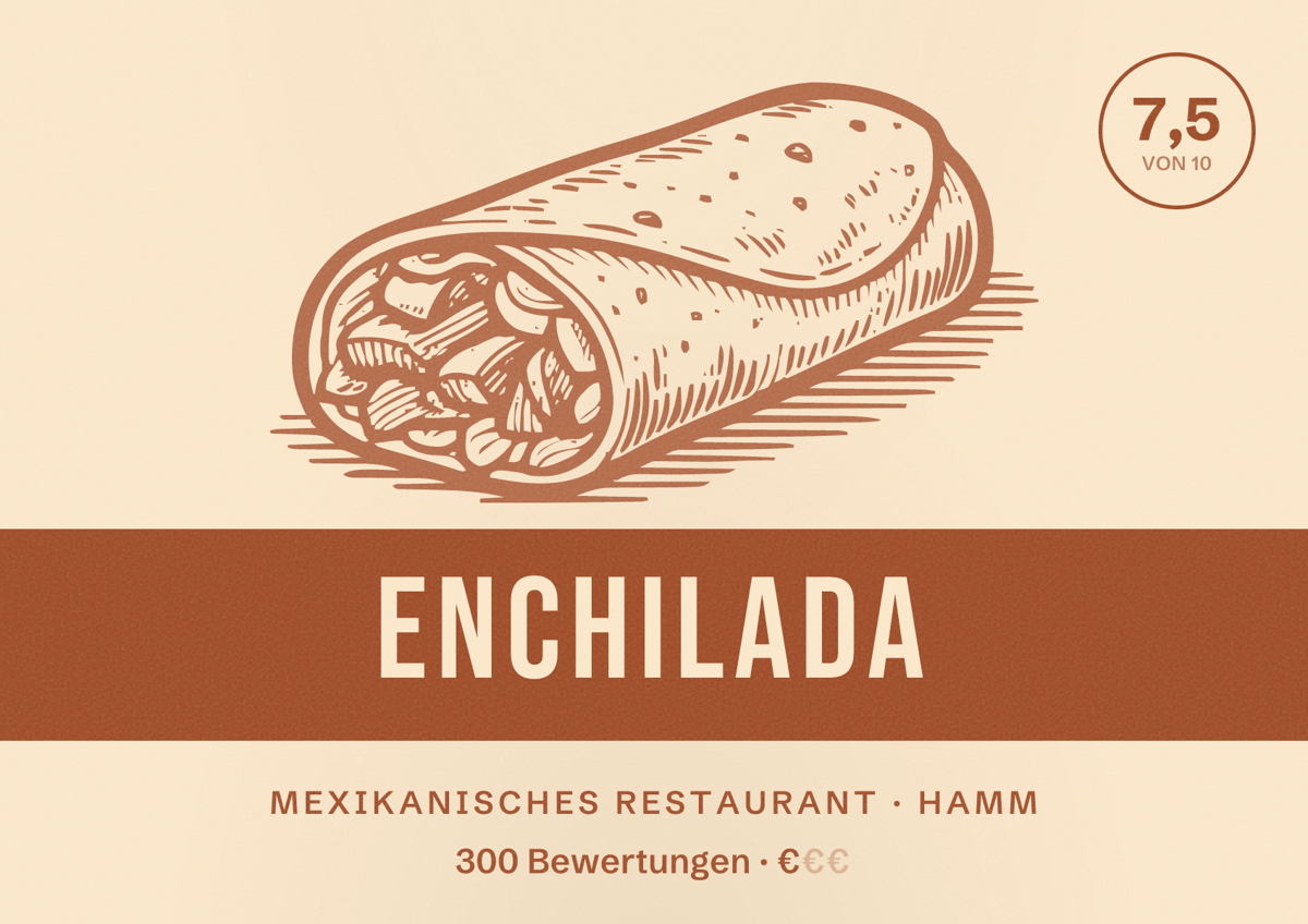 Illustriertes Poster von Enchilada, Mexikanisches Restaurant in Hamm: Bewertung 7,5 von 10 aus 300 Bewertungen, Preisniveau €