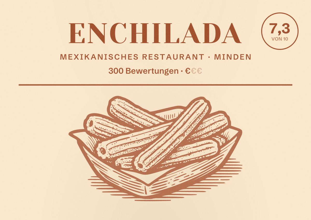 Illustriertes Poster von Enchilada, Mexikanisches Restaurant in Minden: Bewertung 7,3 von 10 aus 300 Bewertungen, Preisniveau €