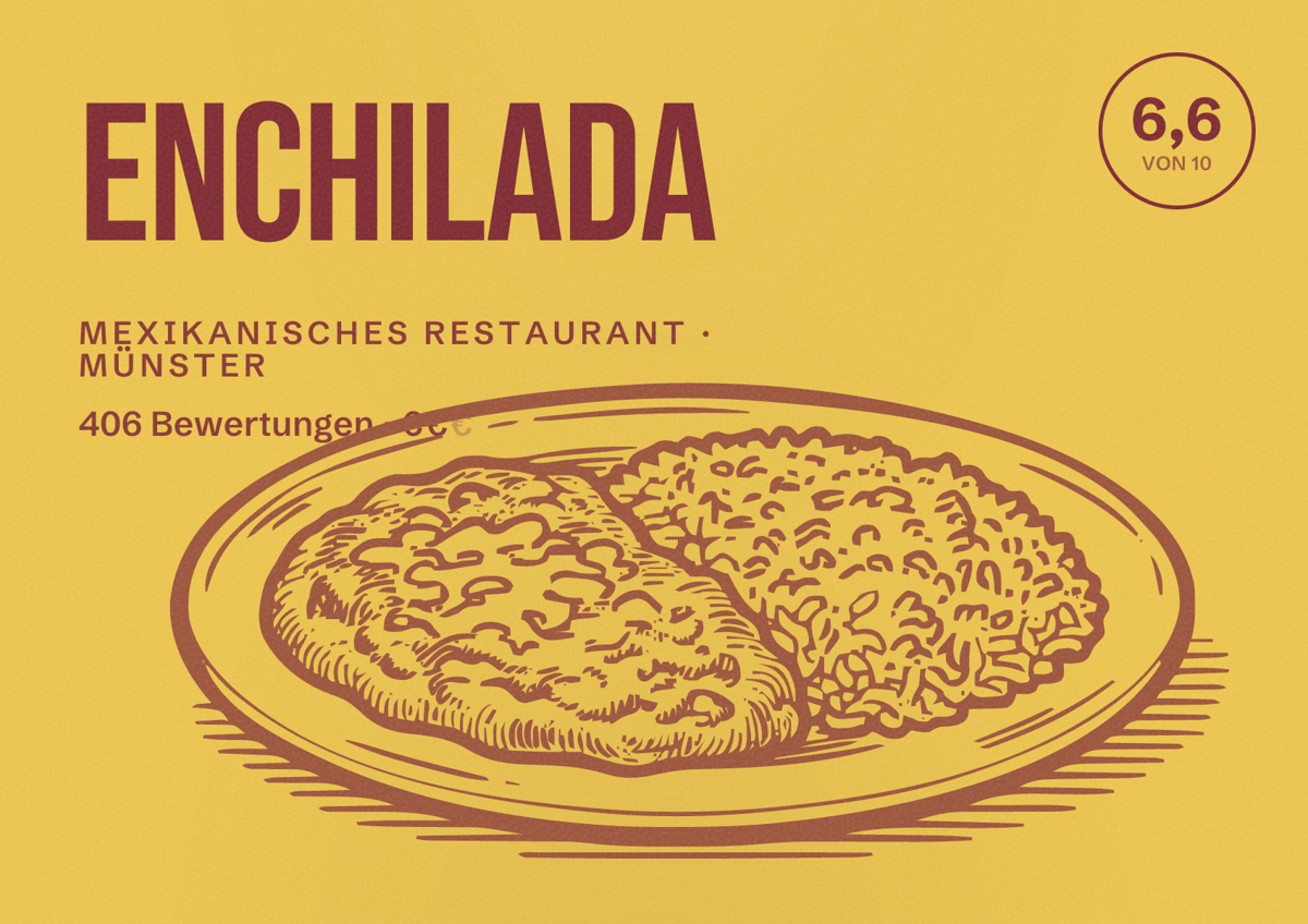 Illustriertes Poster von Enchilada, Mexikanisches Restaurant in Münster: Bewertung 6,6 von 10 aus 406 Bewertungen, Preisniveau €€