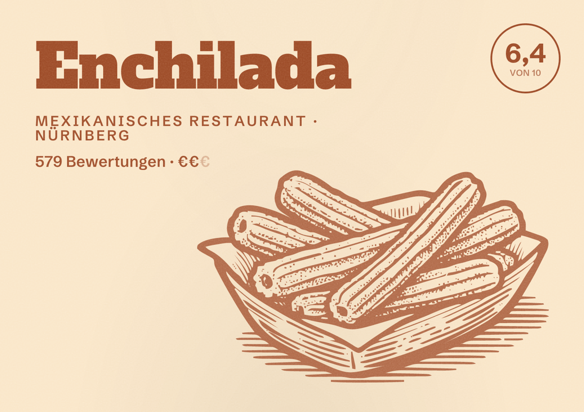 Illustriertes Poster von Enchilada, Mexikanisches Restaurant in Nürnberg: Bewertung 6,4 von 10 aus 579 Bewertungen, Preisniveau €€