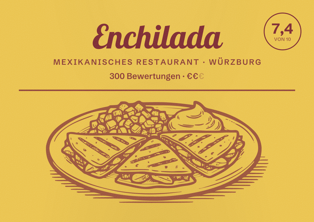 Illustriertes Poster von Enchilada, Mexikanisches Restaurant in Würzburg: Bewertung 7,4 von 10 aus 300 Bewertungen, Preisniveau €€