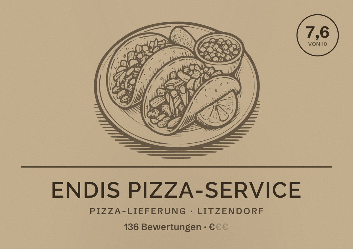 Illustriertes Poster von Endis Pizza-Service, Pizza-Lieferung in Litzendorf: Bewertung 7,6 von 10 aus 136 Bewertungen, Preisniveau €