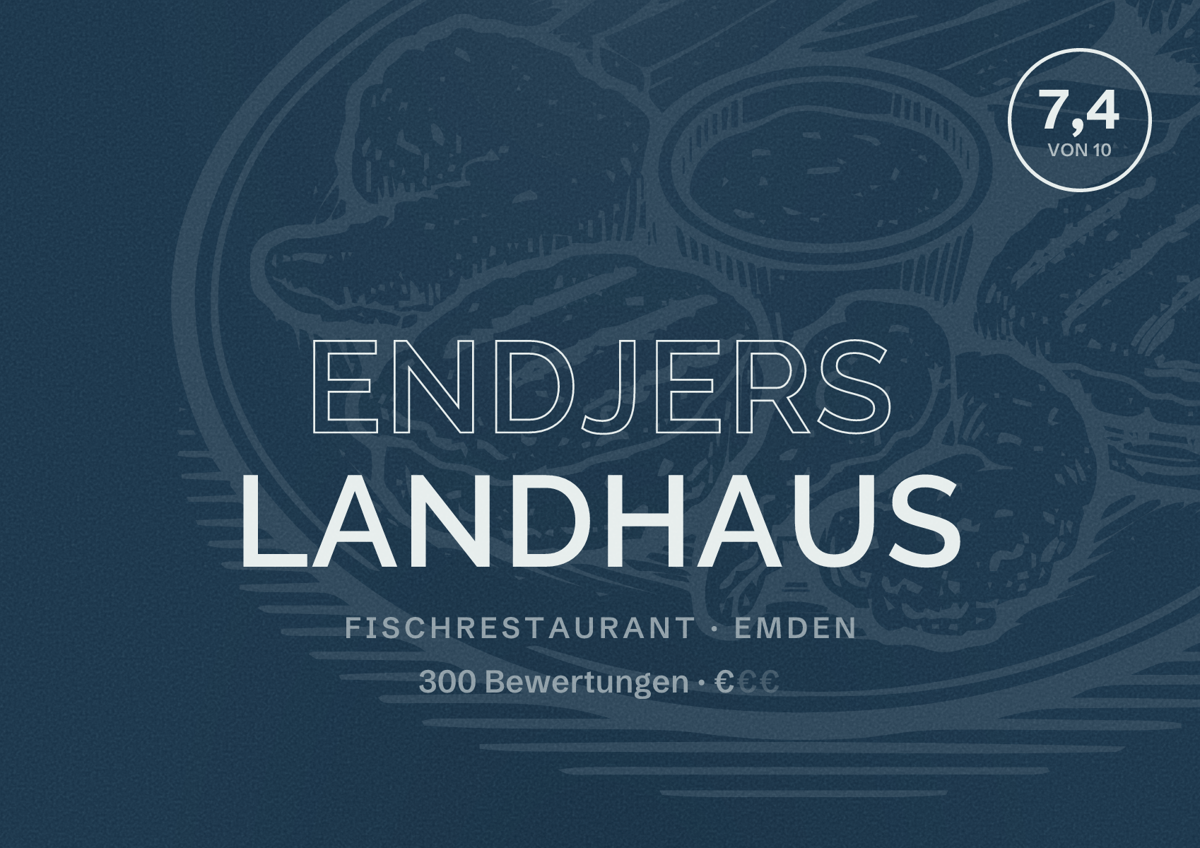 Illustriertes Poster von Endjers Landhaus, Fischrestaurant in Emden: Bewertung 7,4 von 10 aus 300 Bewertungen, Preisniveau €