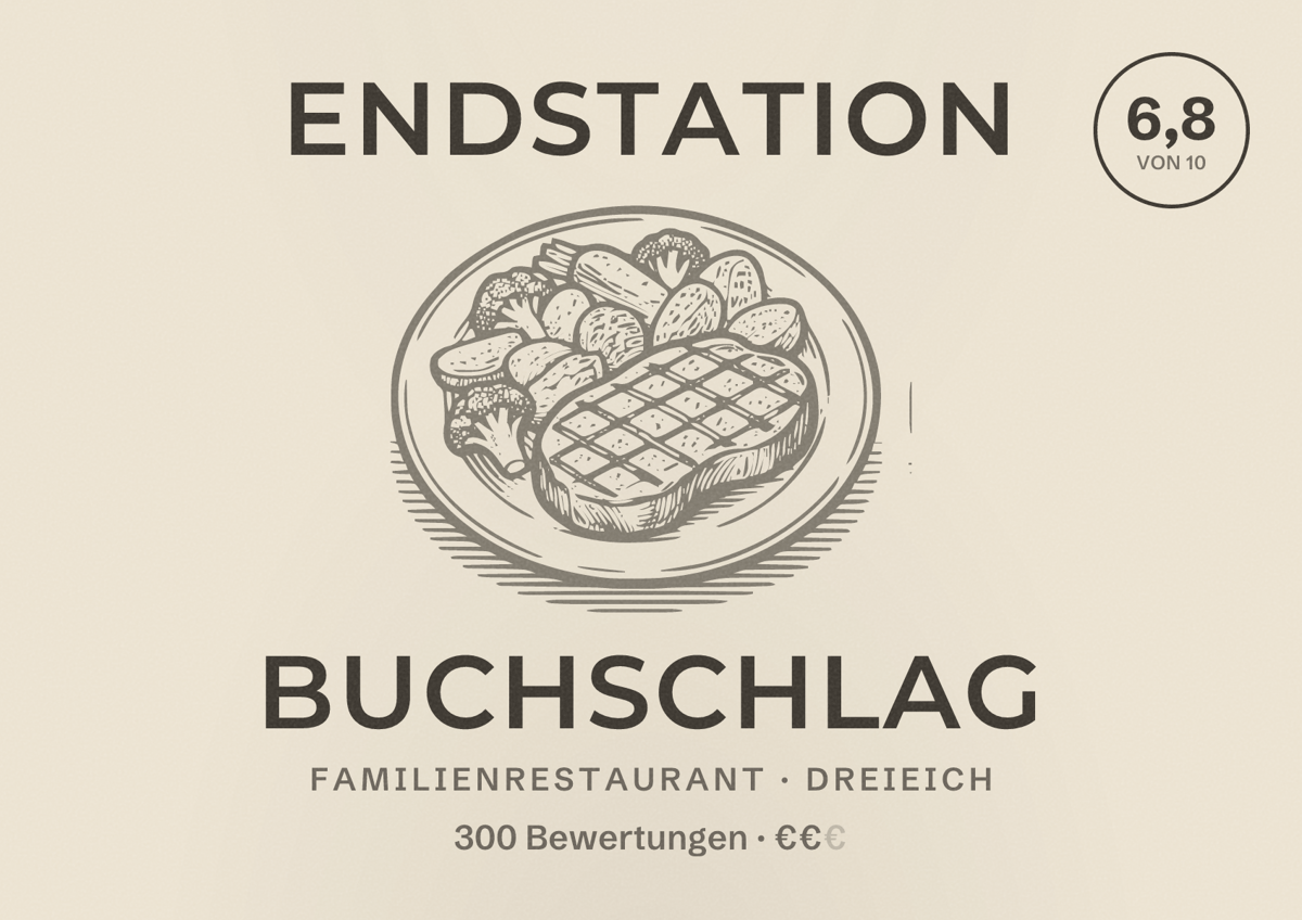Illustriertes Poster von Endstation Buchschlag, Familienrestaurant in Dreieich: Bewertung 6,8 von 10 aus 300 Bewertungen, Preisniveau €€