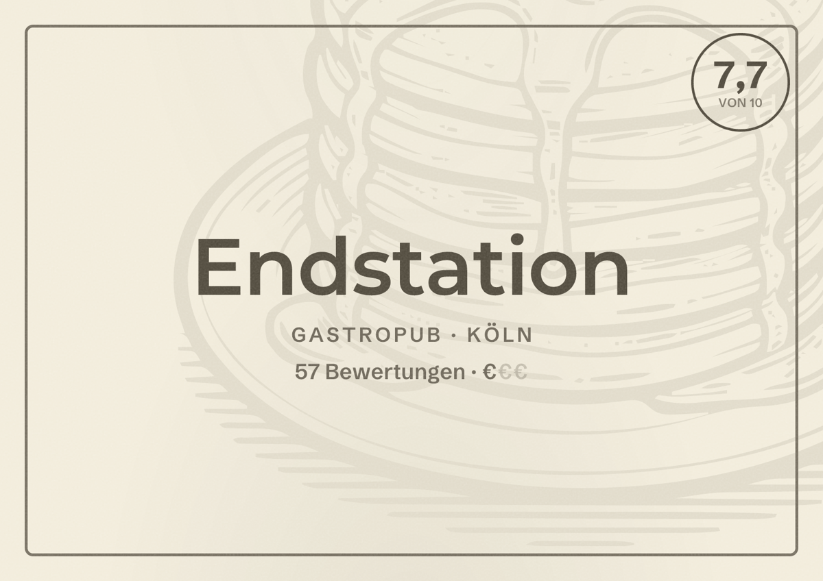 Illustriertes Poster von Endstation, Gastropub in Köln: Bewertung 7,7 von 10 aus 57 Bewertungen, Preisniveau €