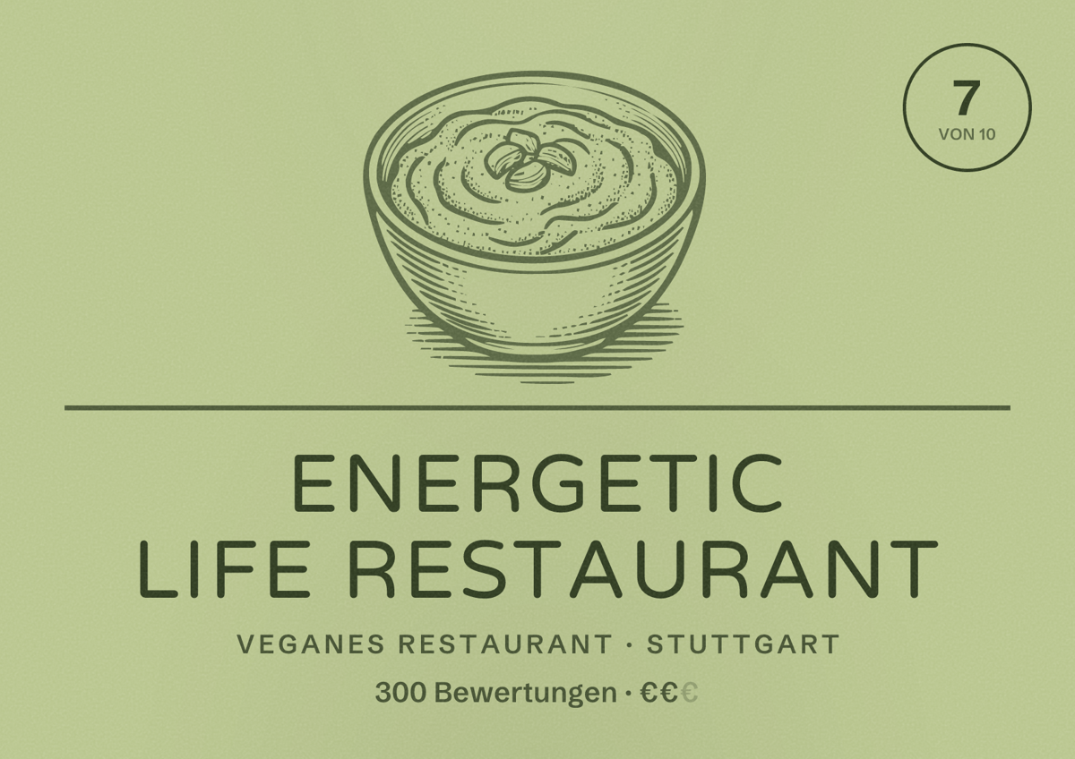 Illustriertes Poster von Energetic life Restaurant, Veganes Restaurant in Stuttgart: Bewertung 7,0 von 10 aus 300 Bewertungen, Preisniveau €€