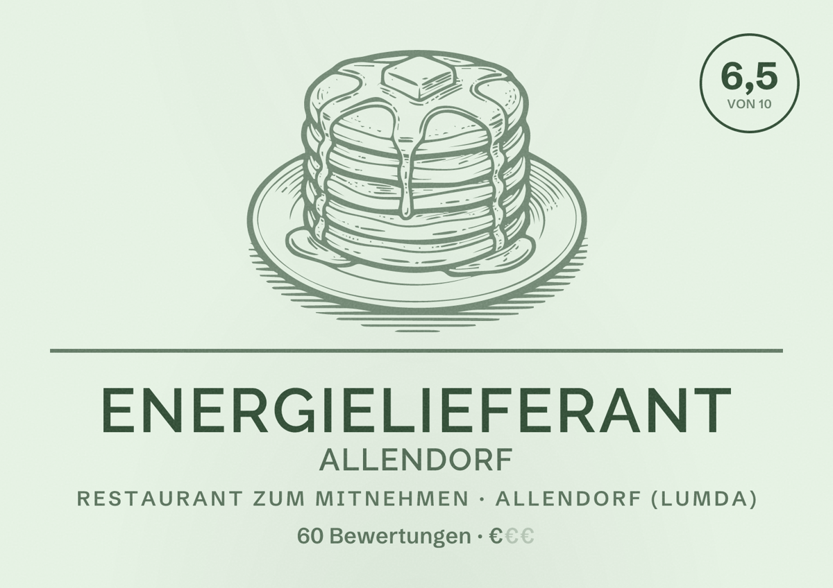 Illustriertes Poster von Energielieferant Allendorf, Restaurant zum Mitnehmen in Allendorf (Lumda): Bewertung 6,5 von 10 aus 60 Bewertungen, Preisniveau €