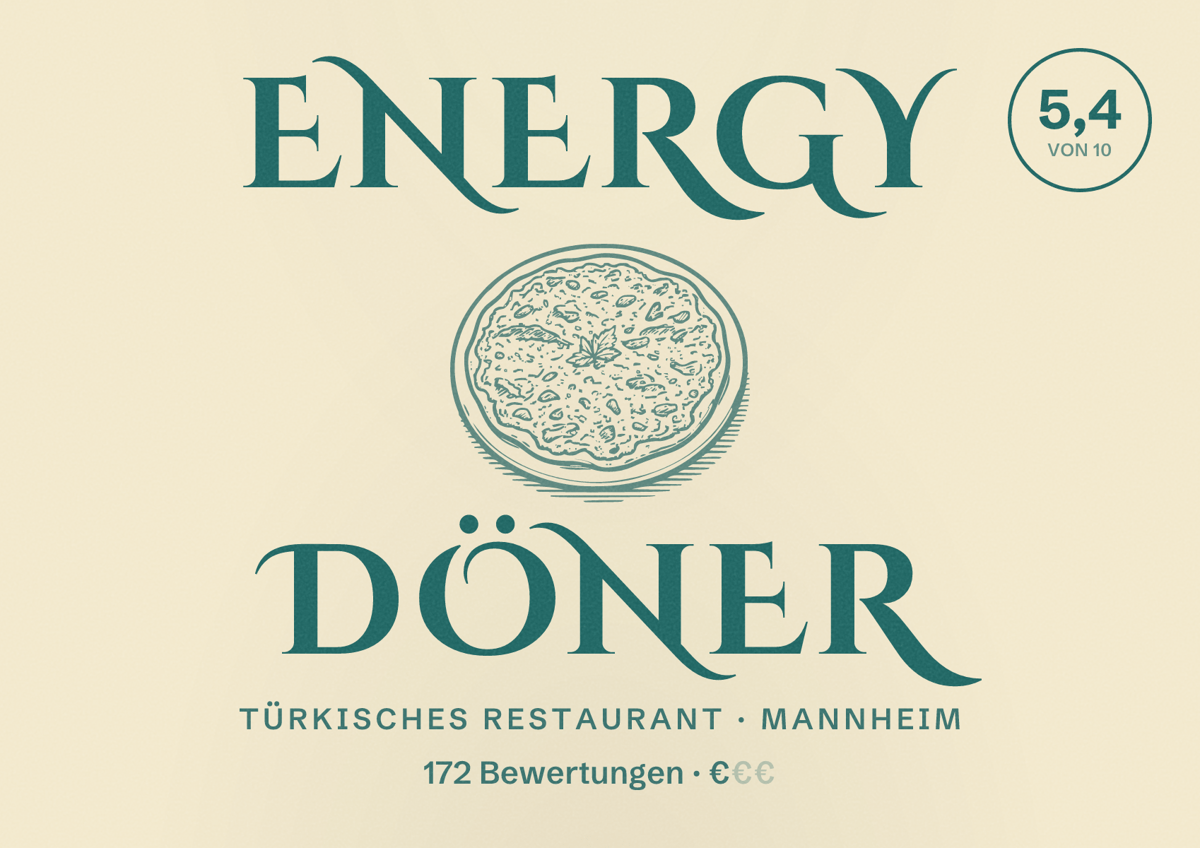 Illustriertes Poster von Energy Döner, Türkisches Restaurant in Mannheim: Bewertung 5,4 von 10 aus 172 Bewertungen, Preisniveau €