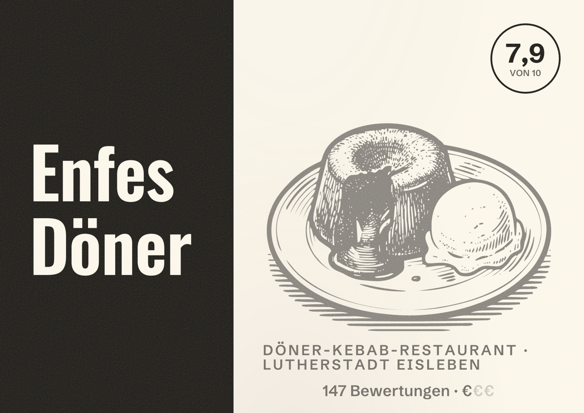 Illustriertes Poster von Enfes Döner, Döner-Kebab-Restaurant in Lutherstadt Eisleben: Bewertung 7,9 von 10 aus 147 Bewertungen, Preisniveau €