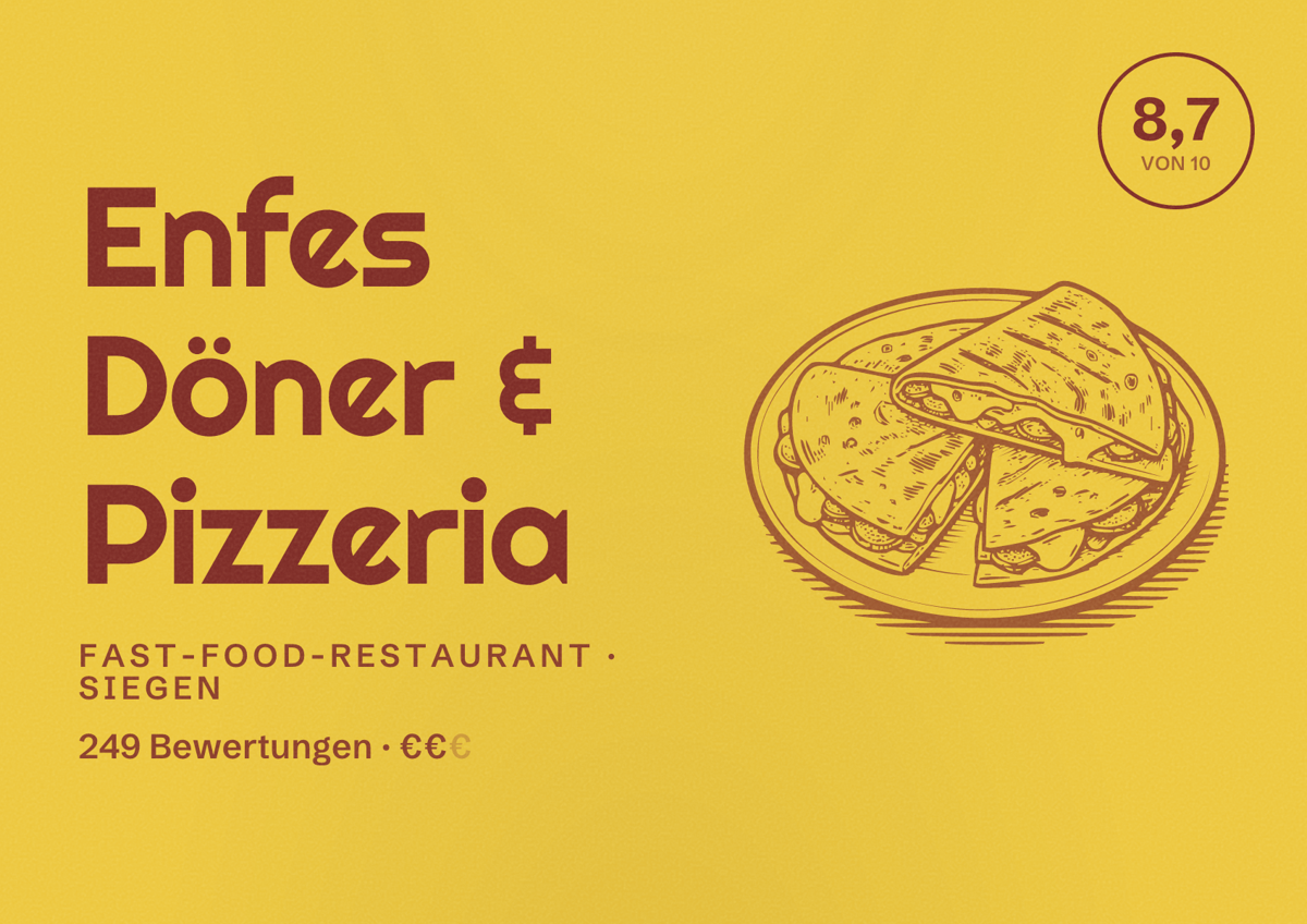 Illustriertes Poster von Enfes Döner & Pizzeria, Fast-Food-Restaurant in Siegen: Bewertung 8,7 von 10 aus 249 Bewertungen, Preisniveau €€