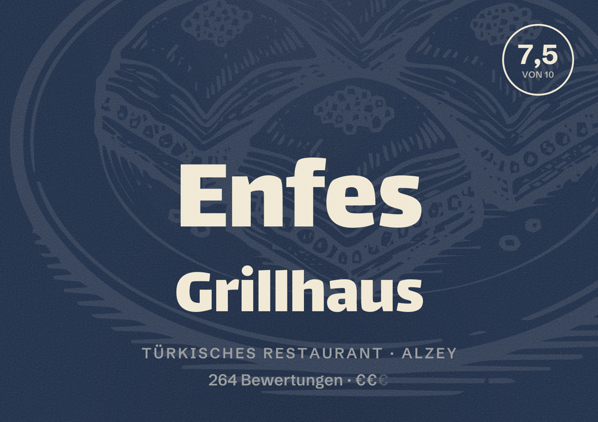 Illustriertes Poster von Enfes Grillhaus, Türkisches Restaurant in Alzey: Bewertung 7,5 von 10 aus 264 Bewertungen, Preisniveau €€