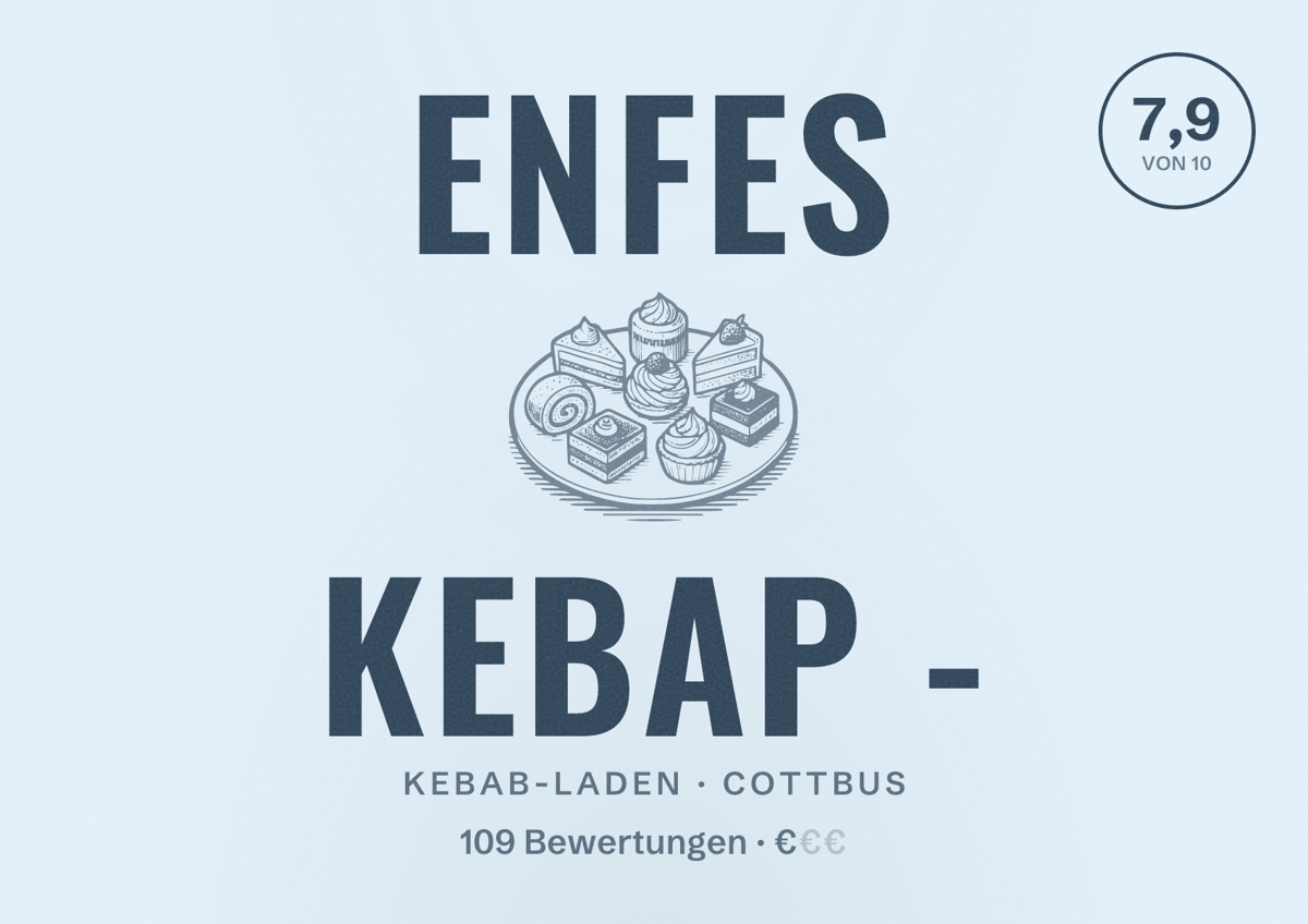 Illustriertes Poster von Enfes Kebap -, Kebab-Laden in Cottbus: Bewertung 7,9 von 10 aus 109 Bewertungen, Preisniveau €