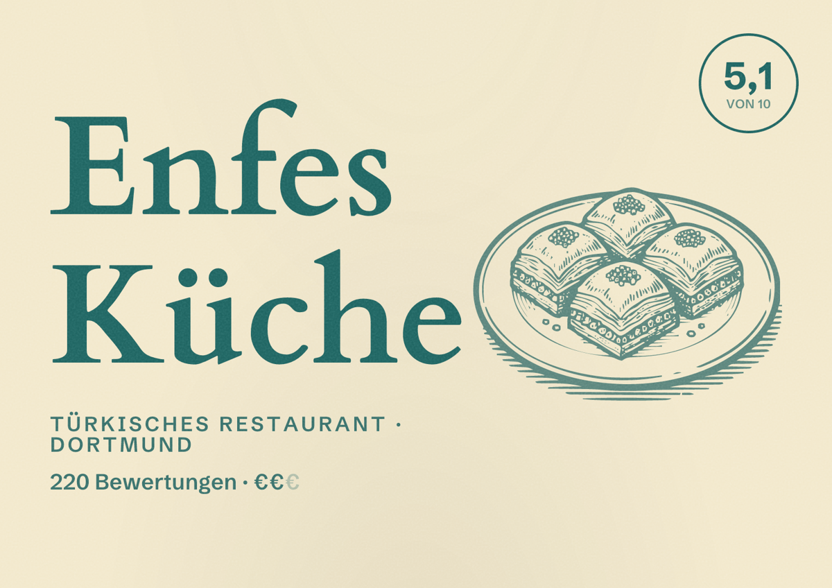 Illustriertes Poster von Enfes Küche, Türkisches Restaurant in Dortmund: Bewertung 5,1 von 10 aus 220 Bewertungen, Preisniveau €€