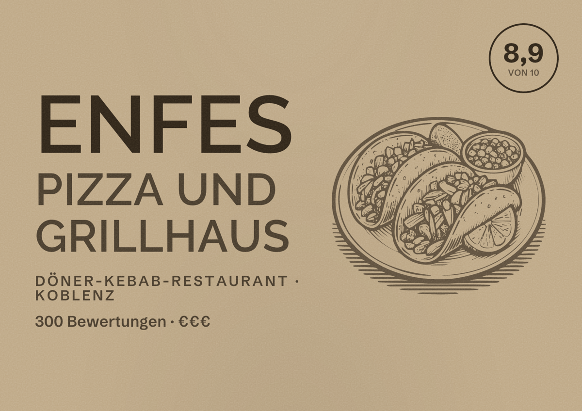 Illustriertes Poster von Enfes Pizza und Grillhaus, Döner-Kebab-Restaurant in Koblenz: Bewertung 8,9 von 10 aus 300 Bewertungen, Preisniveau €€€