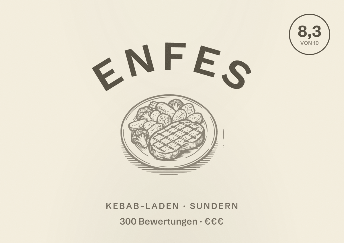 Illustriertes Poster von Enfes, Kebab-Laden in Sundern: Bewertung 8,3 von 10 aus 300 Bewertungen, Preisniveau €€€