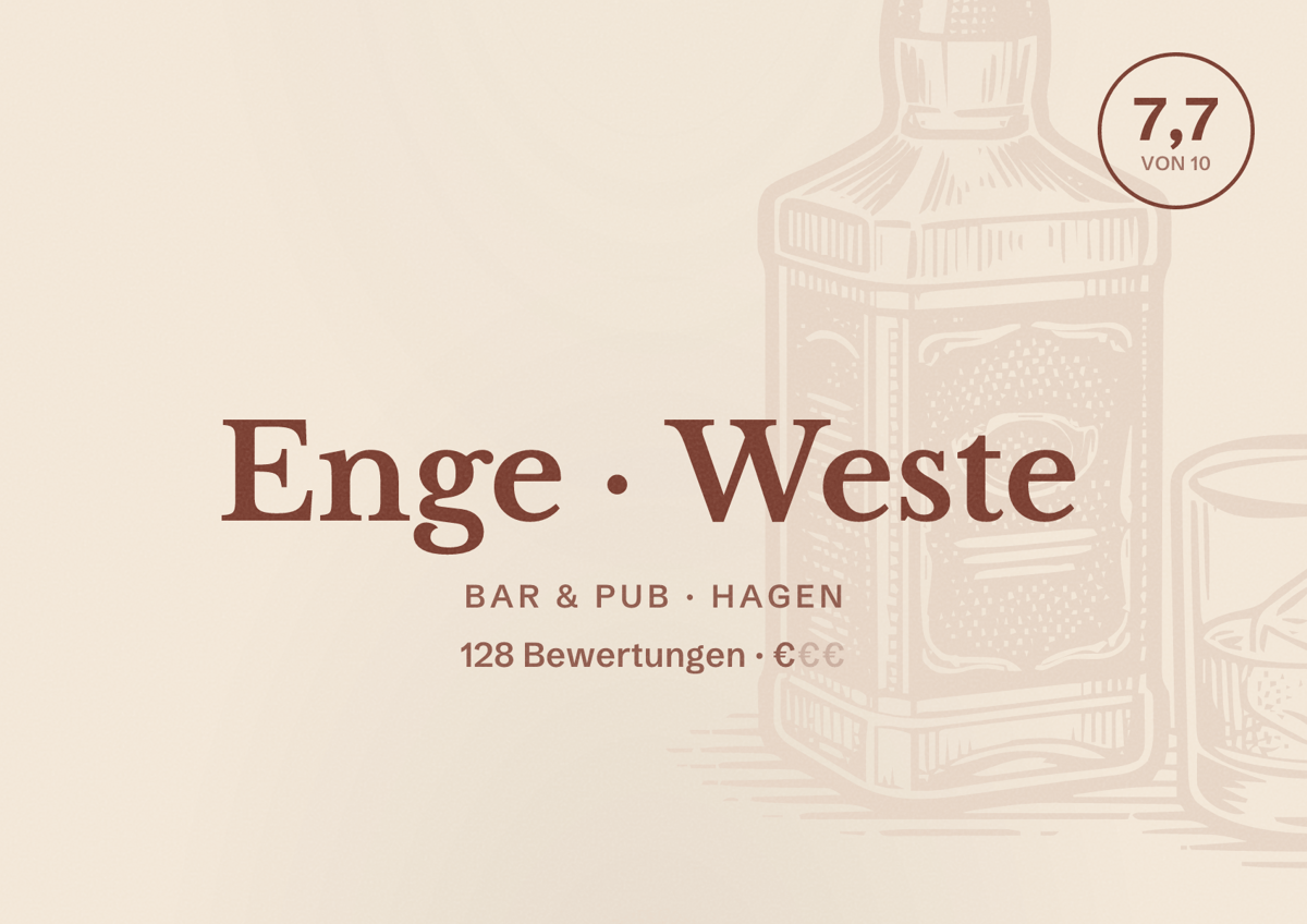 Illustriertes Poster von Enge Weste, Bar & Pub in Hagen: Bewertung 7,7 von 10 aus 128 Bewertungen, Preisniveau €