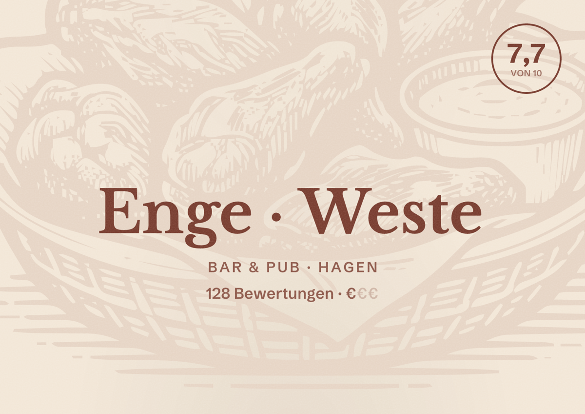 Illustriertes Poster von Enge Weste, Bar & Pub in Hagen: Bewertung 7,7 von 10 aus 128 Bewertungen, Preisniveau €