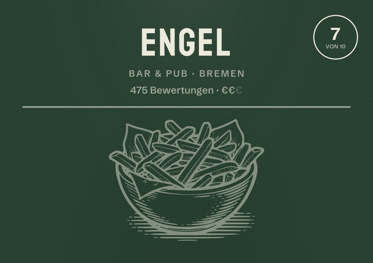 Illustriertes Poster von Engel, Bar & Pub in Bremen: Bewertung 7 von 10 aus 475 Bewertungen, Preisniveau €€
