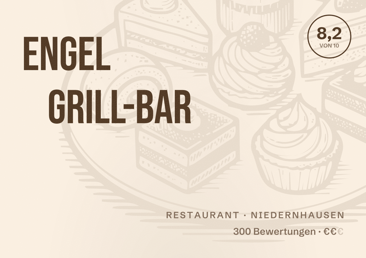Illustriertes Poster von Engel Grill-Bar, Restaurant in Niedernhausen: Bewertung 8,2 von 10 aus 300 Bewertungen, Preisniveau €€