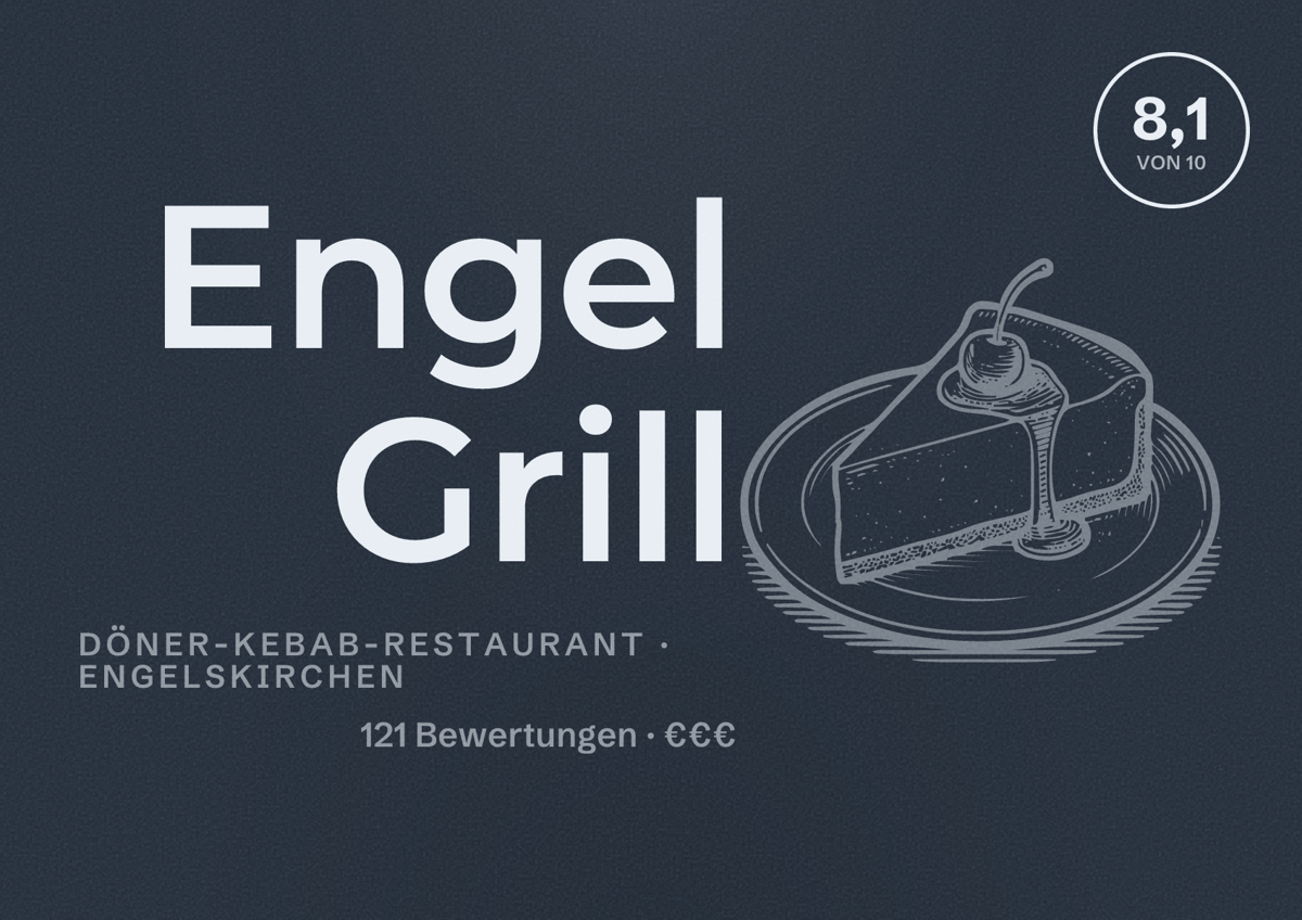 Illustriertes Poster von Engel Grill, Döner-Kebab-Restaurant in Engelskirchen: Bewertung 8,1 von 10 aus 121 Bewertungen, Preisniveau €€€