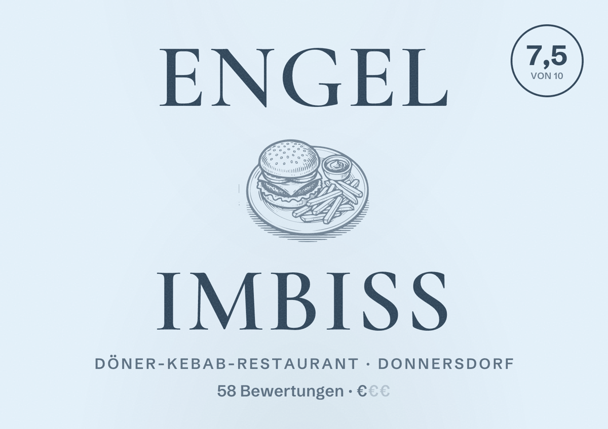Illustriertes Poster von Engel Imbiss, Döner-Kebab-Restaurant in Donnersdorf: Bewertung 7,5 von 10 aus 58 Bewertungen, Preisniveau €