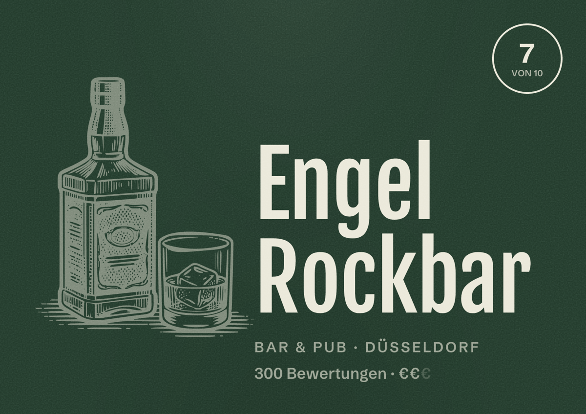 Illustriertes Poster von Engel Rockbar, Bar & Pub in Düsseldorf: Bewertung 7,0 von 10 aus 300 Bewertungen, Preisniveau €€
