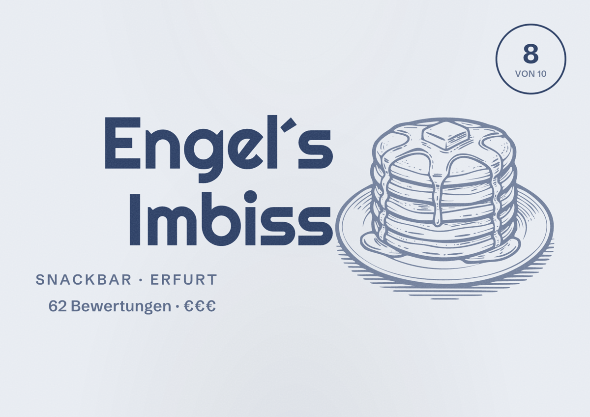 Illustriertes Poster von Engel´s Imbiss, Snackbar in Erfurt: Bewertung 8,0 von 10 aus 62 Bewertungen, Preisniveau €€€