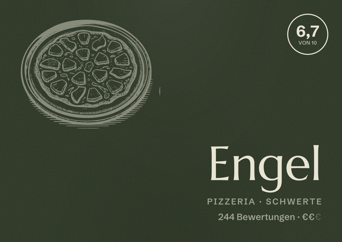 Illustriertes Poster von Engel, Pizzeria in Schwerte: Bewertung 6,7 von 10 aus 244 Bewertungen, Preisniveau €€
