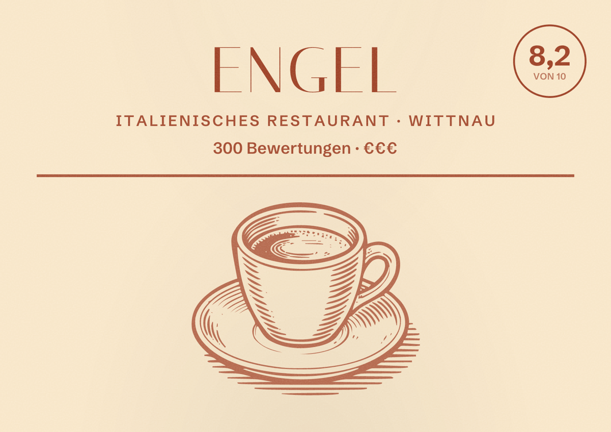 Illustriertes Poster von Engel, Italienisches Restaurant in Wittnau: Bewertung 8,2 von 10 aus 300 Bewertungen, Preisniveau €€€