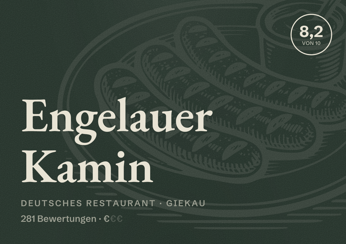 Illustriertes Poster von Engelauer Kamin, Deutsches Restaurant in Giekau: Bewertung 8,2 von 10 aus 281 Bewertungen, Preisniveau €