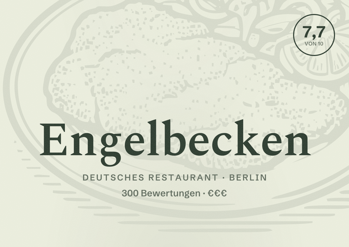 Illustriertes Poster von Engelbecken, Deutsches Restaurant in Berlin: Bewertung 7,7 von 10 aus 300 Bewertungen, Preisniveau €€€