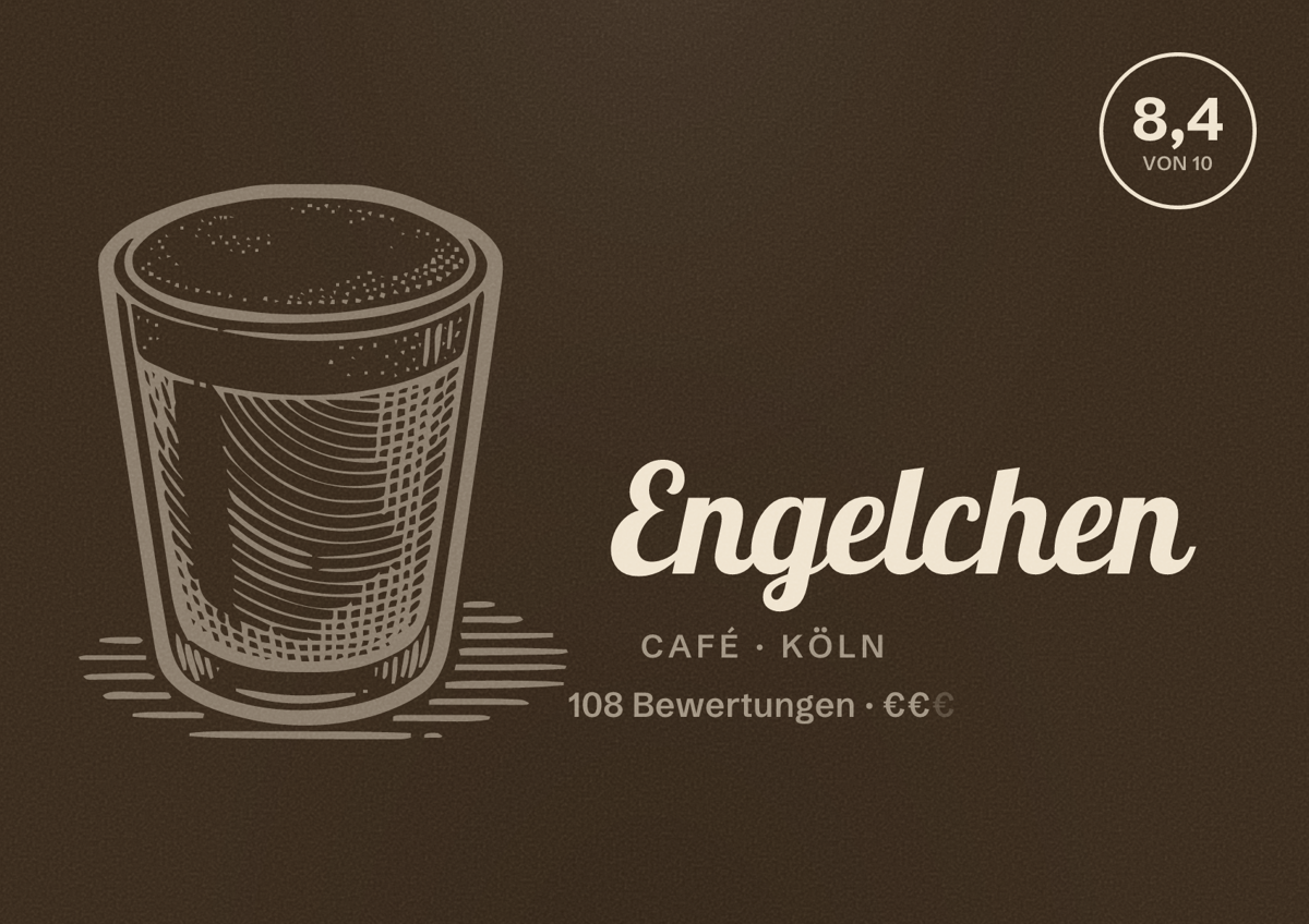 Illustriertes Poster von Engelchen, Café in Köln: Bewertung 8,4 von 10 aus 108 Bewertungen, Preisniveau €€