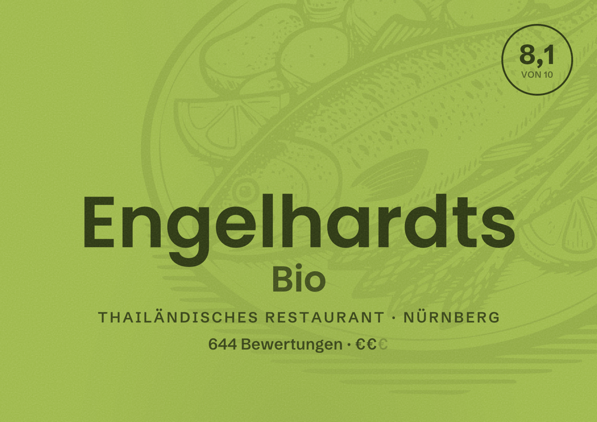 Illustriertes Poster von Engelhardts Bio, Thailändisches Restaurant in Nürnberg: Bewertung 8,1 von 10 aus 644 Bewertungen, Preisniveau €€