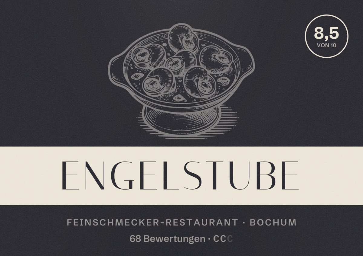 Illustriertes Poster von Engelstube, Feinschmecker-Restaurant in Bochum: Bewertung 8,5 von 10 aus 68 Bewertungen, Preisniveau €€
