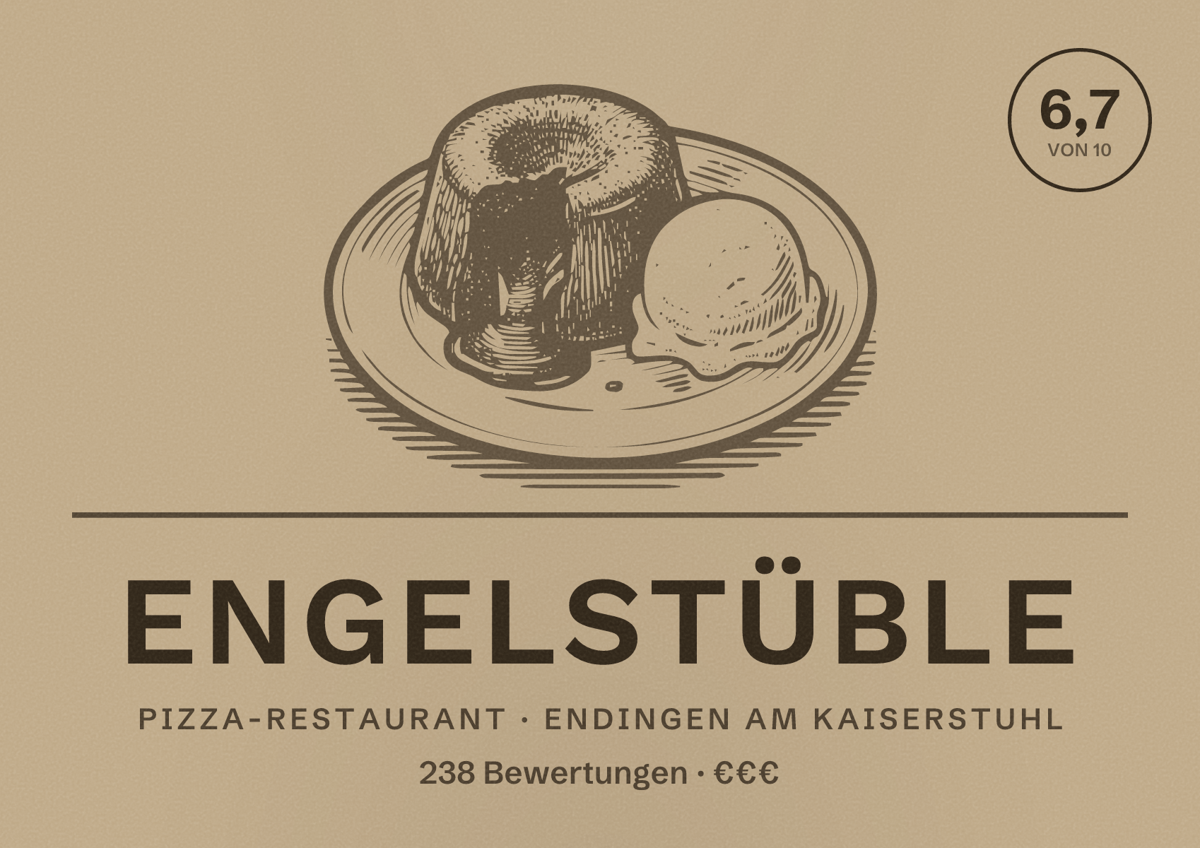 Illustriertes Poster von Engelstüble, Pizza-Restaurant in Endingen am Kaiserstuhl: Bewertung 6,7 von 10 aus 238 Bewertungen, Preisniveau €€€