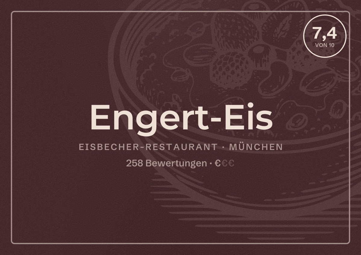 Illustriertes Poster von Engert-Eis, Eisbecher-Restaurant in München: Bewertung 7,4 von 10 aus 258 Bewertungen, Preisniveau €