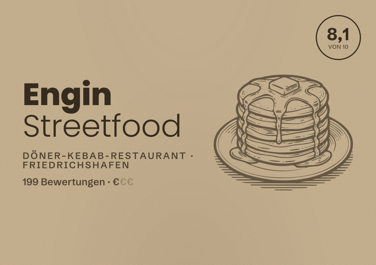 Illustriertes Poster von Engin Streetfood, Döner-Kebab-Restaurant in Friedrichshafen: Bewertung 8,1 von 10 aus 199 Bewertungen, Preisniveau €