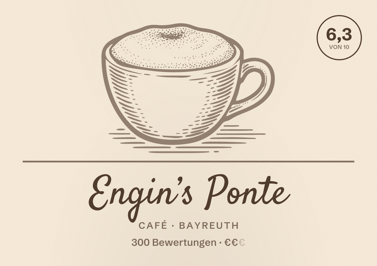 Illustriertes Poster von Engin’s Ponte, Café in Bayreuth: Bewertung 6,3 von 10 aus 300 Bewertungen, Preisniveau €€
